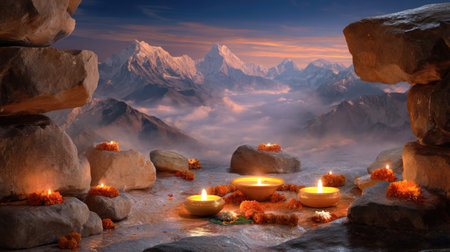 A serene mountain landscape at twilight featuring glowing candles and vibrant flowers creates a peaceful ambiance for relaxation and meditation.の素材