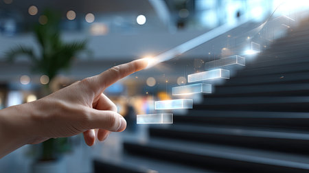 A hand gestures towards digital steps in a bright modern environment, symbolizing growth, progress, and innovative ideas in a technological world.の素材