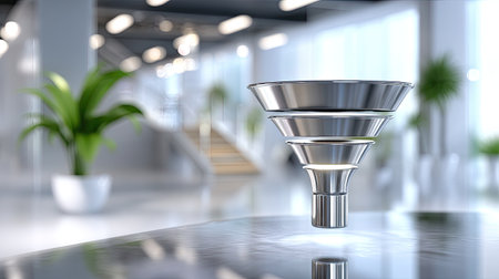 A sleek silver funnel positioned in a modern office setting, surrounded by soft greenery and bright ambient light, symbolizing clarity and flow.の素材
