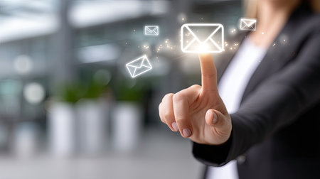 A professional woman interacting with digital mail icons in a bright office setting, symbolizing modern communication and connectivity in business.の素材