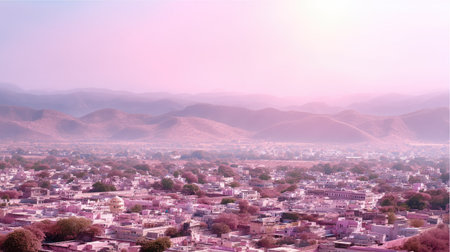A breathtaking landscape capturing a city nestled among soft pink mountains during sunrise, evoking a peaceful and tranquil atmosphere for nature lovers.の素材