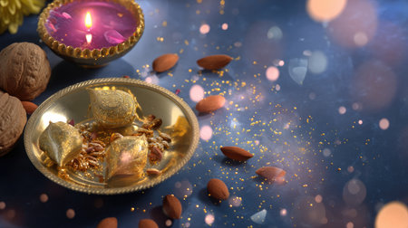A beautifully arranged festive scene featuring traditional sweets, colorful diya, and nuts, perfect for celebrating culture and joy during special occasions.の素材