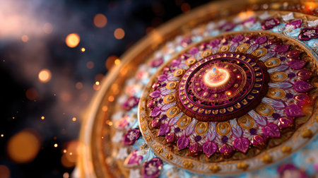 This captivating image features an intricate mandala design with vibrant colors, enhanced by sparkling effects in a dreamy background.の素材