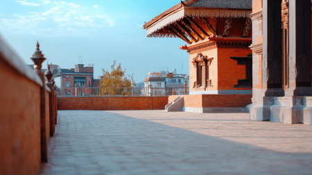 A captivating view showcasing traditional architecture against a bright blue sky and urban cityscape. The image captures harmony between history and modernity.の素材