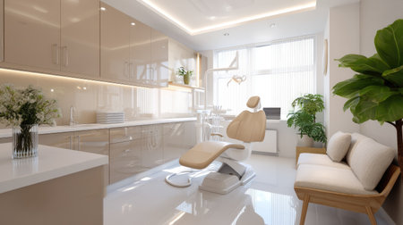 This image showcases a modern dental clinic interior featuring a comfortable patient chair, bright lighting, elegant decor, and a calming atmosphere.の素材