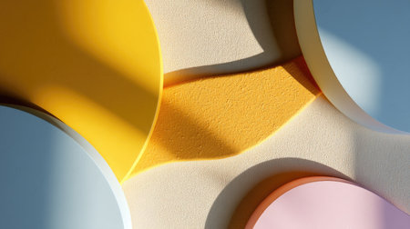 A vibrant and modern composition showcasing colorful abstract shapes on a textured wall, illuminated by natural light that creates dynamic shadows.の素材