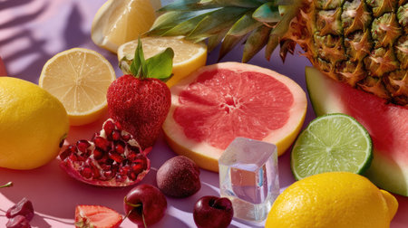 A vibrant collection of fresh fruits including citrus, berries, and tropical varieties displayed on a colorful background, ideal for summer promotions and healthy lifestyle themes.の素材