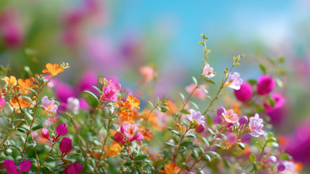 A stunning close-up of vibrant flowers in a garden, showcasing a burst of colors under a bright blue sky. Perfect for spring themes and nature inspiration.の素材