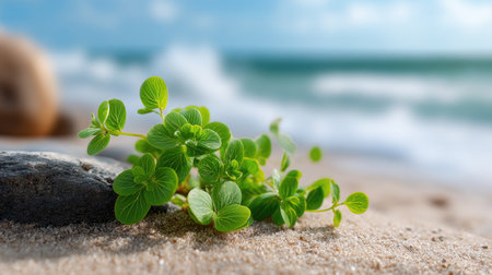 A vibrant green leafy plant rests on a sandy beach, with gentle ocean waves lapping in the background, creating a serene coastal atmosphere.の素材