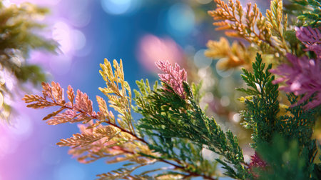 A captivating close-up of colorful evergreen foliage highlighted by a soft-focus bokeh background. This vibrant image captures the beauty of nature's palette.の素材