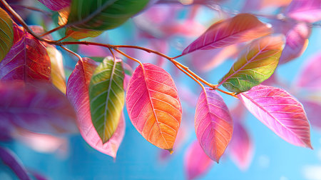 A stunning close-up of vibrant leaves displaying a palette of colors including pink, orange, and green against a soft blue background.の素材