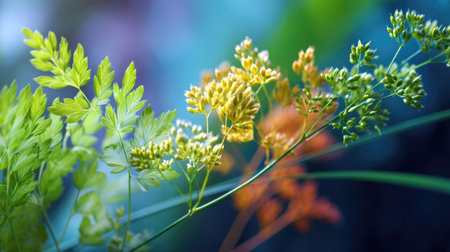 A close-up view capturing vibrant green ferns alongside colorful blossoms against a soft-focus background, showcasing nature's stunning details.の素材