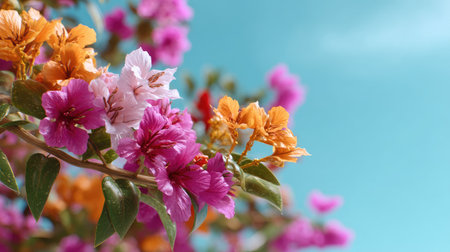 A stunning display of blooming bougainvillea flowers in vibrant pink, purple, and orange hues against a serene blue sky, evoking joy and tranquility.の素材