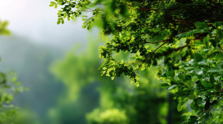 Experience the beauty of lush green foliage in a serene forest setting, where soft natural light filters through vibrant leaves, creating a peaceful ambiance.の素材
