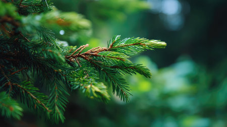 This image captures a close-up of a fresh green pine branch, showcasing its vibrant needles against a soft focus forest background, evoking tranquility and beauty.の素材