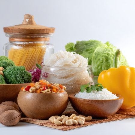 A beautifully arranged collection of fresh vegetables and cooking ingredients on a kitchen countertop, perfect for inspired meal preparation.の素材