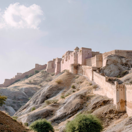 A breathtaking view of historic fortifications perched on mountainous terrain, showcasing ancient architecture against a bright blue sky. Captivating landscape.の素材