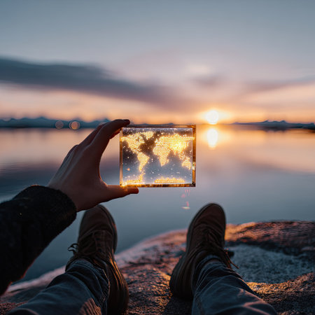 A person admires a glowing cube with a star pattern, surrounded by a stunning sunset reflecting over tranquil water. The scene captures creativity and beauty.の素材