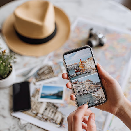 A travel enthusiast admires stunning city views captured on a smartphone, showcasing the blend of technology and exploration. The scene includes a vintage camera, travel map, and stylish hat, emphasizing a love for adventure and discovery.の素材