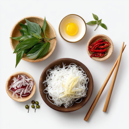 A beautifully arranged collection of fresh ingredients ideal for Asian cooking, including herbs, noodles, egg, and spices, on a minimalist background.の素材