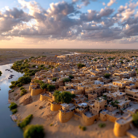 A breathtaking aerial view of a historical fortified village surrounded by nature, showcasing intricate architecture against a dramatic sunset sky.の素材