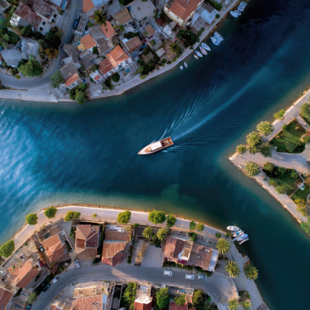 This stunning aerial photograph captures a tranquil scene of a boat gliding through a canal, surrounded by lush greenery and charming houses.の素材