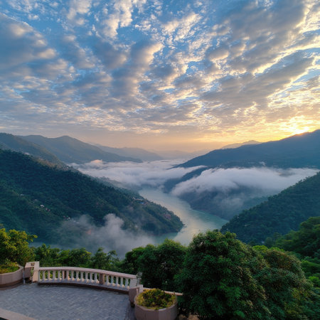 This stunning landscape features majestic mountains enveloped in soft clouds at sunrise, creating a tranquil and breathtaking view for nature enthusiasts.の素材