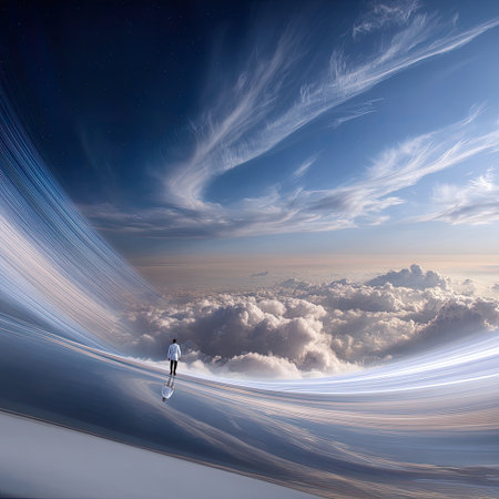 A captivating surreal view featuring a lone figure standing on a horizon made of clouds under a vast, dynamic blue sky. The design evokes feelings of wonder and tranquility.の素材