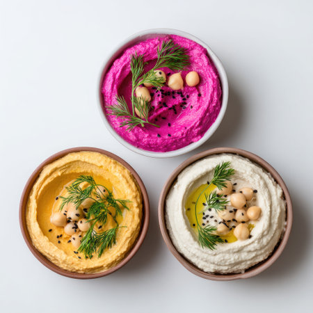 This vibrant image showcases three bowls of hummus in different colors, garnished with herbs and seeds, perfect for healthy snack and appetizer ideas.の素材