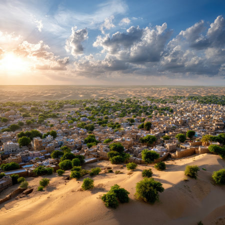 This stunning aerial shot captures a vibrant oasis town nestled in golden desert sands, highlighted by dramatic clouds and warm sunset hues.の素材