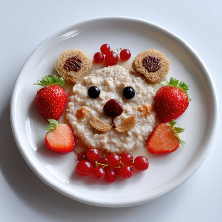 This delightful breakfast plate features oatmeal shaped like a lion's face, surrounded by fresh strawberries and red currants, perfect for kids.の素材