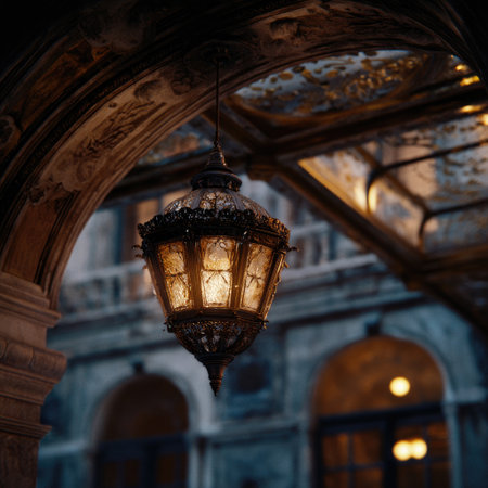 An exquisite vintage lantern hangs gracefully in a historic indoor space, casting a warm glow that enhances the ornate architectural details around it.の素材