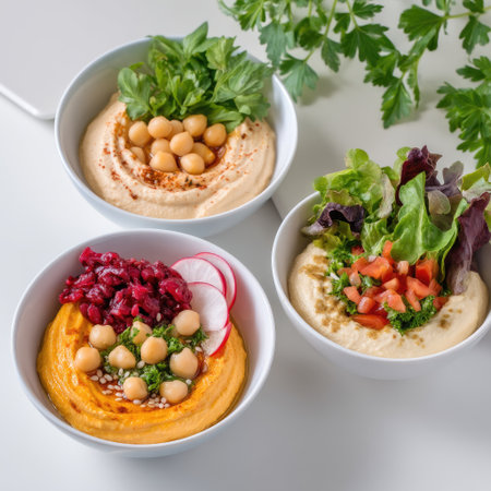 Explore a colorful selection of hummus bowls topped with fresh vegetables and herbs, perfect for healthy snacking and serving at gatherings.の素材