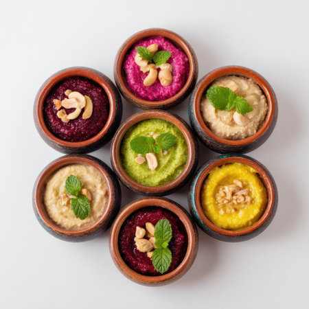 This image showcases an appealing arrangement of colorful traditional desserts served in small bowls, garnished with nuts and fresh mint, perfect for celebrations.の素材