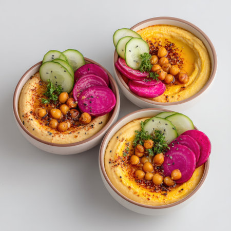 Discover a vibrant display of hummus bowls featuring fresh vegetables and spices, ideal for healthy meals, snacks, or culinary inspiration.の素材