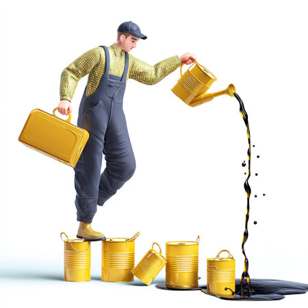 A detailed illustration depicting a man in overalls pouring liquid from a watering can into yellow containers, symbolizing oil spill efforts.の素材