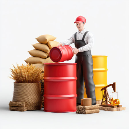 A professional worker is managing a red barrel in a clean warehouse setting rich with agricultural products and oil rig equipment, showcasing industrial labor.の素材
