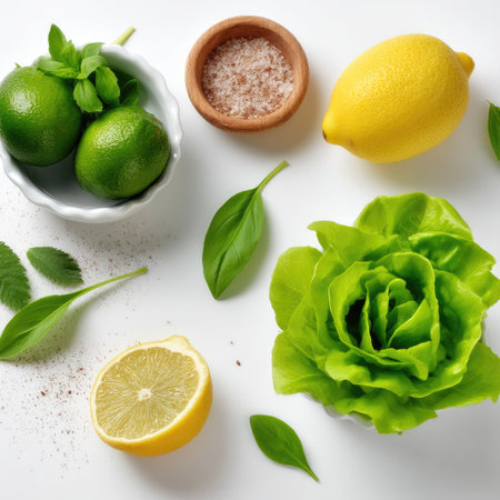 This vibrant arrangement showcases fresh limes, lemons, crisp lettuce, coarse salt, and aromatic mint leaves, perfect for enhancing dishes.の素材