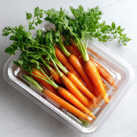A vibrant arrangement of fresh orange carrots with green tops in a clear plastic container rests on a white marble background, perfect for healthy recipes.の素材