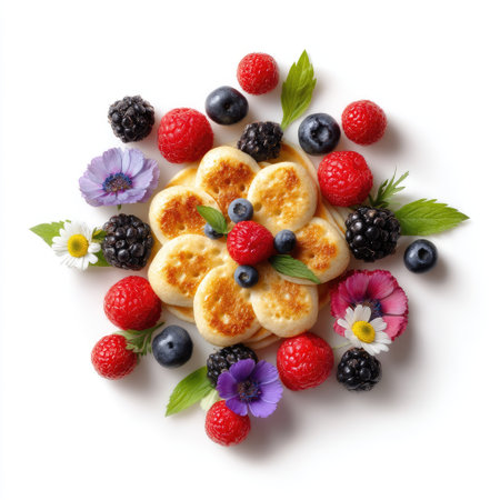 A delightful arrangement featuring an array of fresh berries alongside sweet treats, creating a vibrant and visually appealing presentation perfect for culinary inspiration.の素材