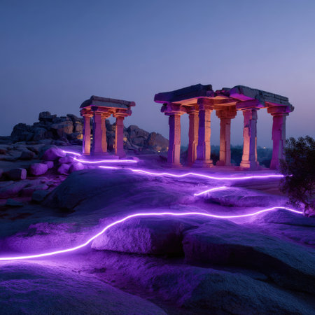 The image captures stunning ancient ruins at twilight, featuring illuminated pathways that enhance the beauty of historic pillars against a serene landscape.の素材