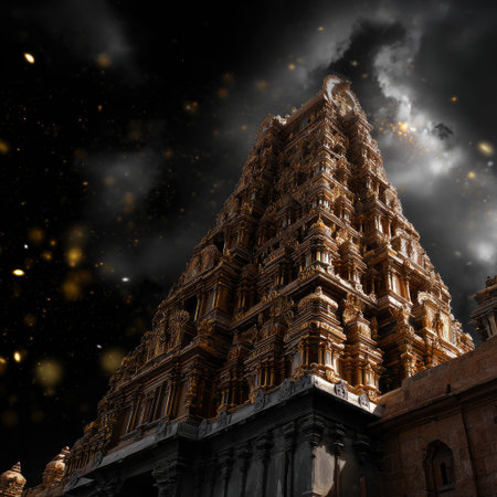 A stunning image of an ancient temple tower reaching towards a starry sky filled with cosmic elements, highlighting architecture and spirituality.の素材