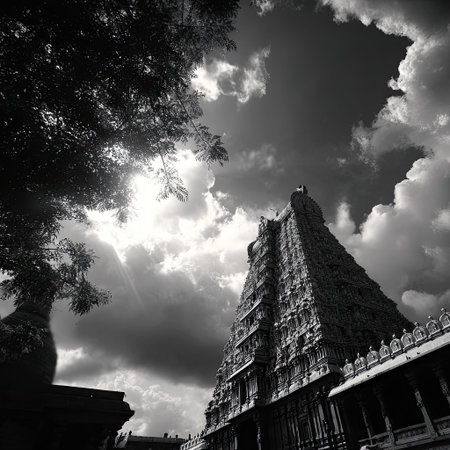 A stunning black and white photograph captures the grandeur of a temple tower under dramatic clouds, evoking a sense of serenity and spirituality.の素材