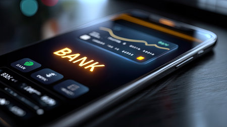 Close-up view of a smartphone showcasing a banking application interface with financial graphs and card details, highlighting modern technology in finance.の素材