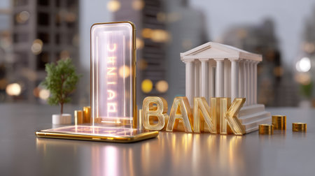 This stock image illustrates a modern digital banking concept featuring a smartphone with an illuminated display, gold text, a bank building, and scattered currency coins.の素材