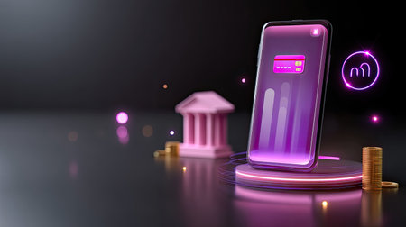 This vibrant image showcases a modern smartphone with a financial app interface, complemented by banking elements and digital currency, illustrating innovative finance.の素材