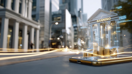This image showcases a futuristic digital banking concept featuring a holographic bank building and financial transactions displayed on a smartphone in an urban environment.の素材