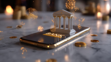 Illustrative image representing the concept of digital banking, showcasing a smartphone with a bank structure and coins resting on a marble surface.の素材
