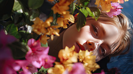 This captivating portrait features a woman surrounded by vibrant flowers, floating peacefully on water. The enchanting scene highlights beauty and tranquility, creating an artistic representation of nature's elegance.の素材