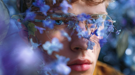 A stunning close-up portrait of a young individual wearing glasses, surrounded by beautiful blue flowers, creating an artistic and serene atmosphere.の素材